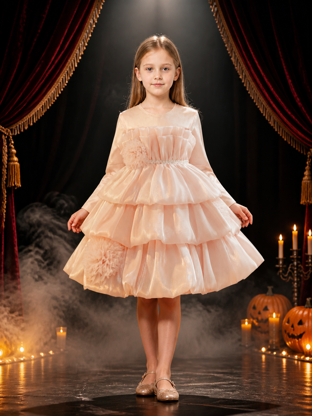 Girls' Pink Princess Cake Dress, Layered Ruffle Skirt with Tulle Flowers and Costume Dresses detail 3