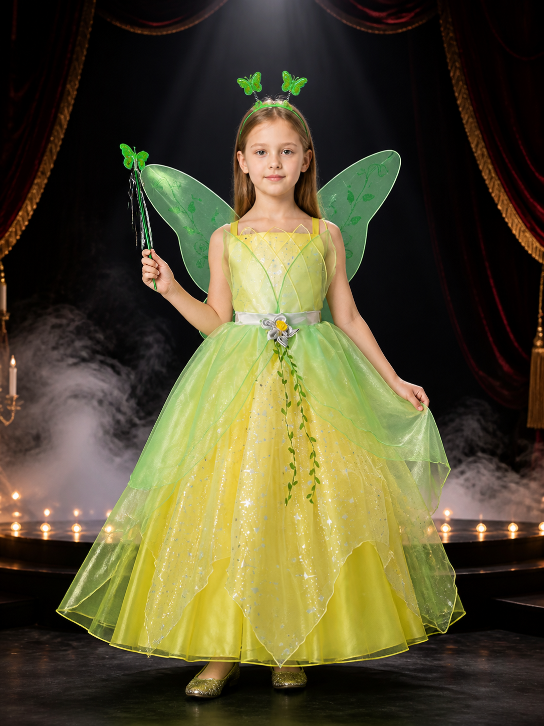 Girls Fairy Princess Costume Dress With Green Wings And Sequined Tulle Skirt Costume Dresses detail 3