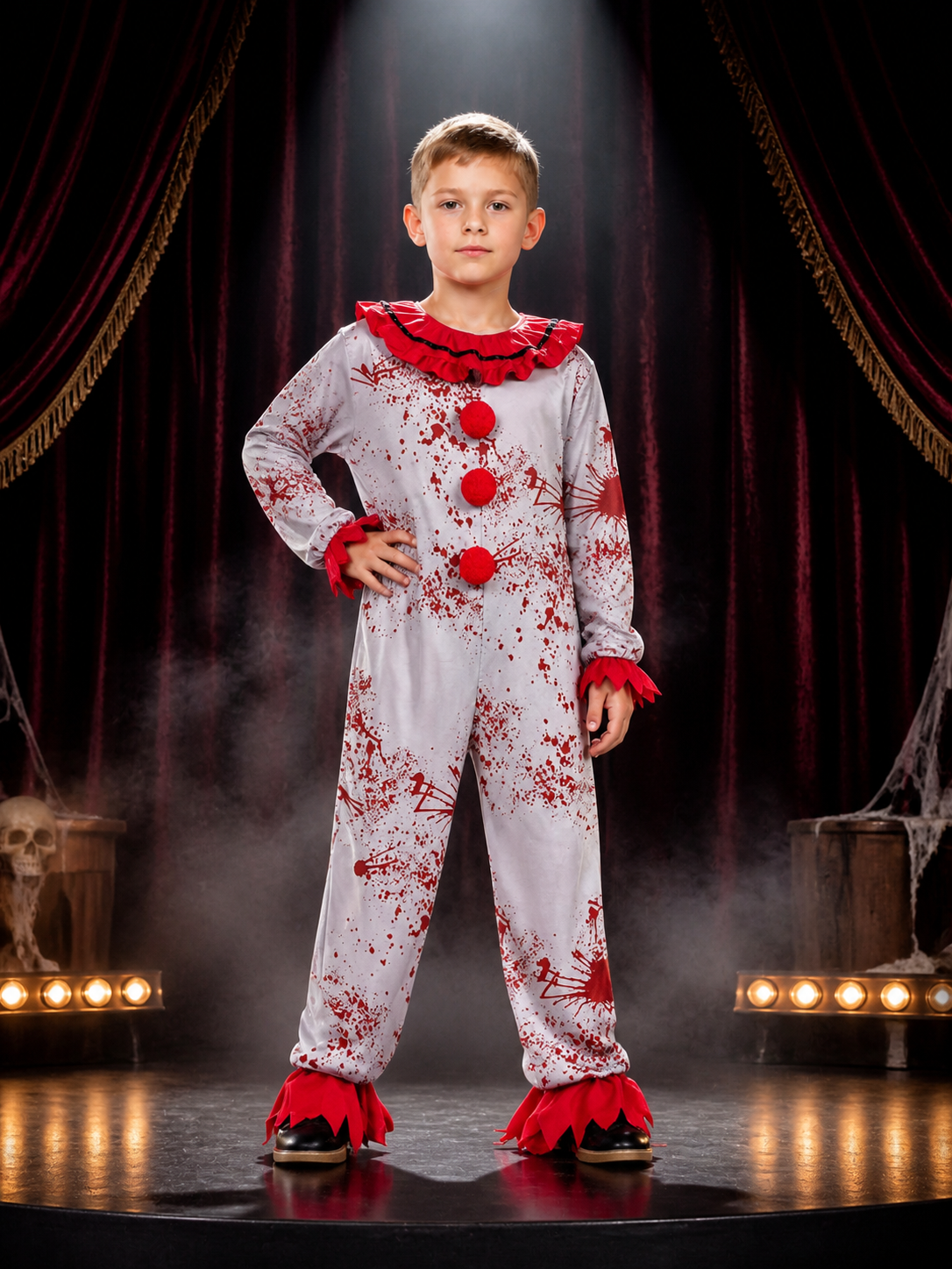 Kids' Scary Clown Bodysuit Costume with Red Ruffles, Halloween Outfit Costumes detail 3