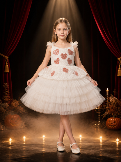 Toddler Girls' Princess Dress, White Layered Tulle Gown With Heart Sequins Costume Dresses detail 3
