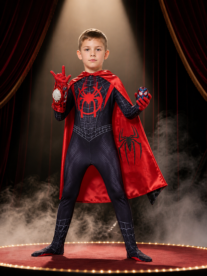 Kids Black Spider-Themed Bodysuit Costume With Hooded Mask, Cape And Props Costume Capes detail 3