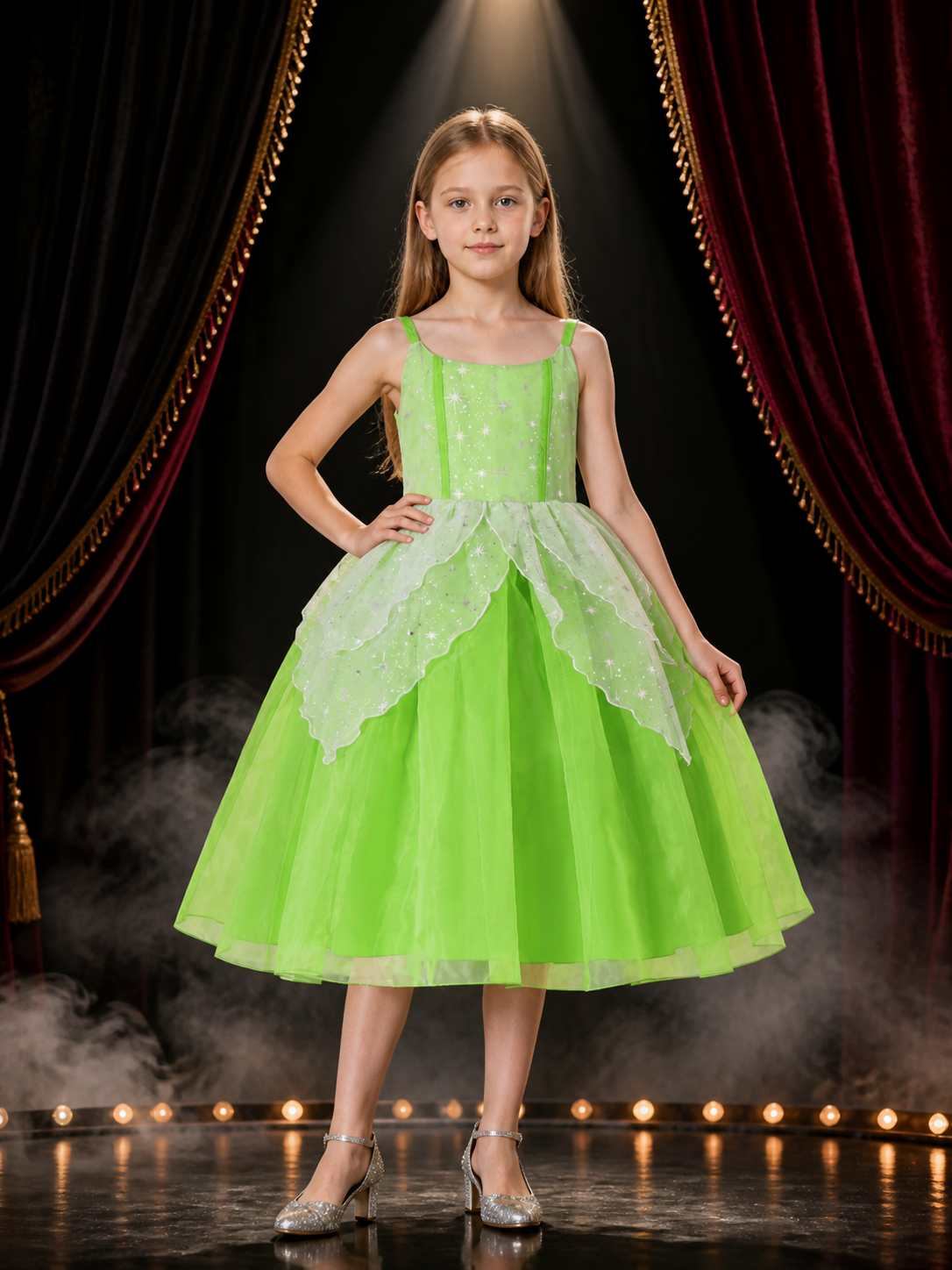 Girls' Green Princess Costume Dress, Sequin Stars, Ruffle Trim and Tulle Skirt Costume Dresses detail 3