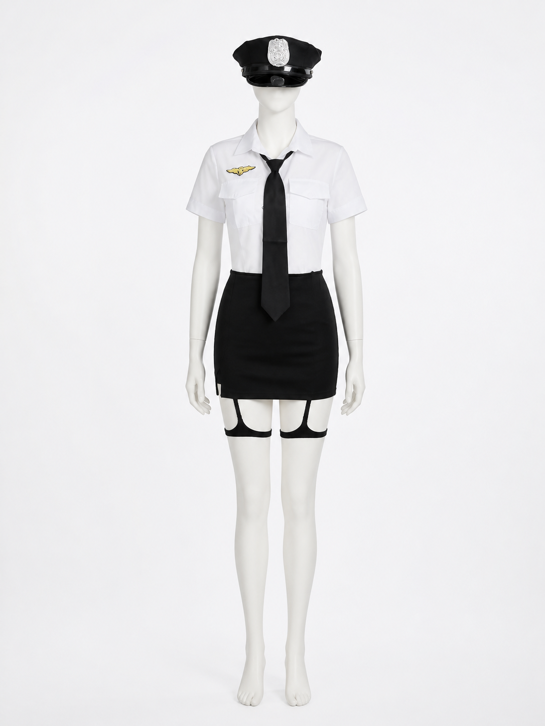 Women's Police Officer Costume Set with Hat, Tie & Gloves - White & Black Short Costume Headwear detail 3