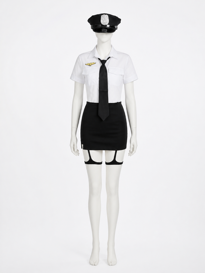 Women's Police Officer Costume Set with Hat, Tie & Gloves - White & Black Short Costume Headwear detail 3