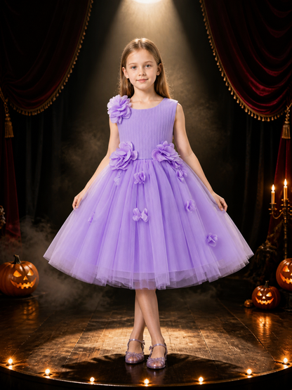 Girls' Lavender Princess Dress, Layered Tulle 3D Floral Flower Girl Outfit Costume Dresses detail 3