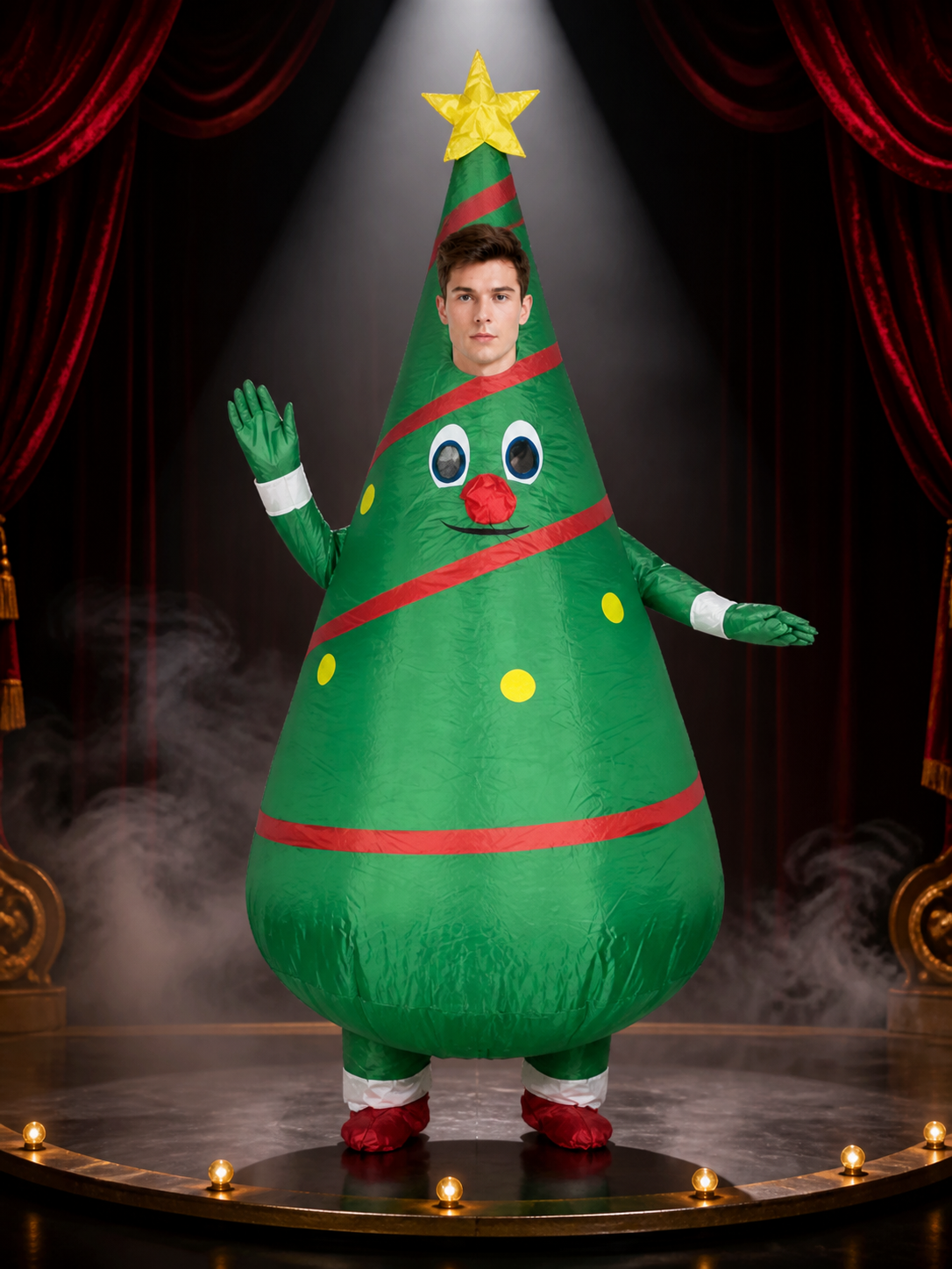 Unisex Christmas Tree Costume, Cartoon Face with Star Topper, Green Party Outfit Costumes detail 3
