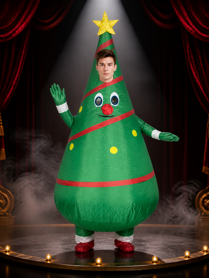 Unisex Christmas Tree Costume, Cartoon Face with Star Topper, Green Party Outfit Costumes detail 3