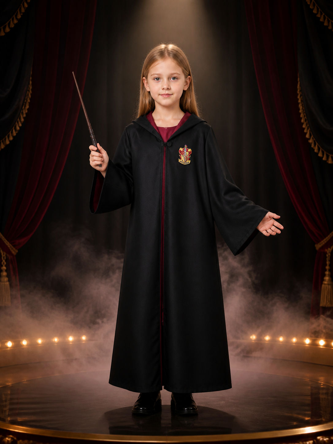 Black Hooded Wizard Robe Costume Set With Crest And Magic Wand Costume Accessories detail 3