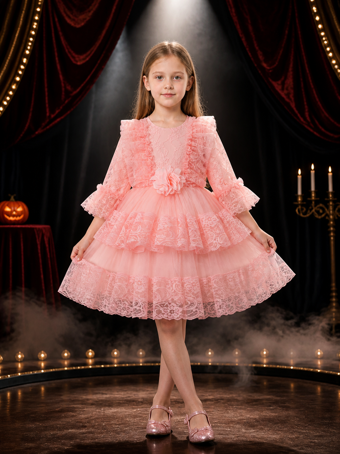 Girls' Pink Princess Dress, Long Sleeve Layered Tulle Party Gown with Flower Costume Dresses detail 3