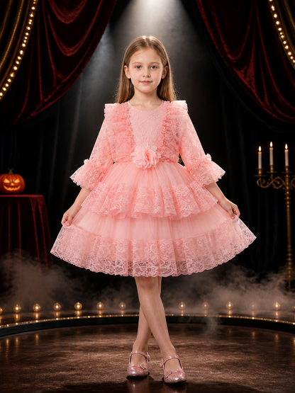 Girls' Pink Princess Dress, Long Sleeve Layered Tulle Party Gown with Flower Costume Dresses detail 3