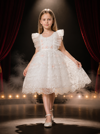 Girls' White Embroidered Tulle Princess Dress With Layered Flutter Sleeves, Ages Costume Dresses detail 3