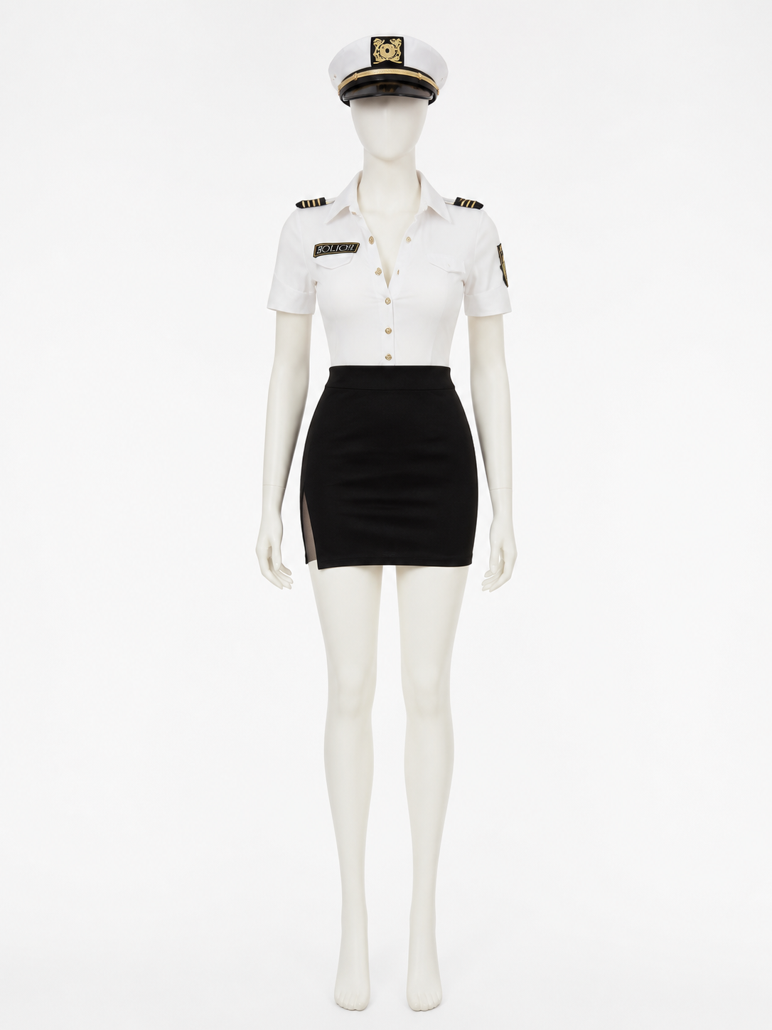 Women's Police Officer Costume Set, White Short Sleeve Top & Black Skirt with Costumes detail 2