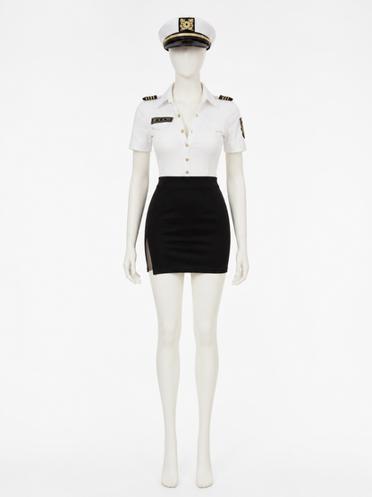 Women's Police Officer Costume Set, White Short Sleeve Top & Black Skirt with Costumes detail 2