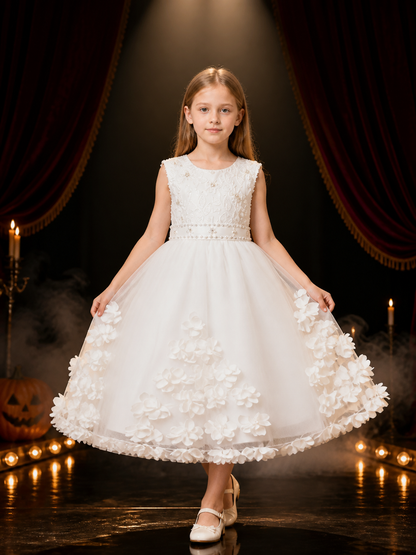 Toddler Girls' White Princess Dress with Floral Embroidery, Beaded Waist and