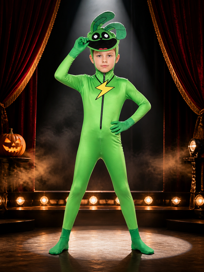 Unisex Green Rabbit Cosplay Bodysuit Costume with Lightning Print Hooded on-model stage scene view
