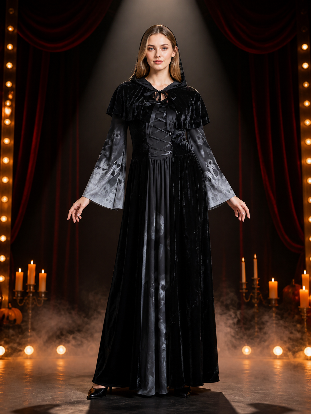 Women's Witch Costume Dress with Hooded Cape and Skull Print Bell Sleeves Costume Dresses detail 3