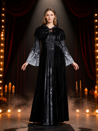 Women's Witch Costume Dress with Hooded Cape and Skull Print Bell Sleeves Costume Dresses detail 3