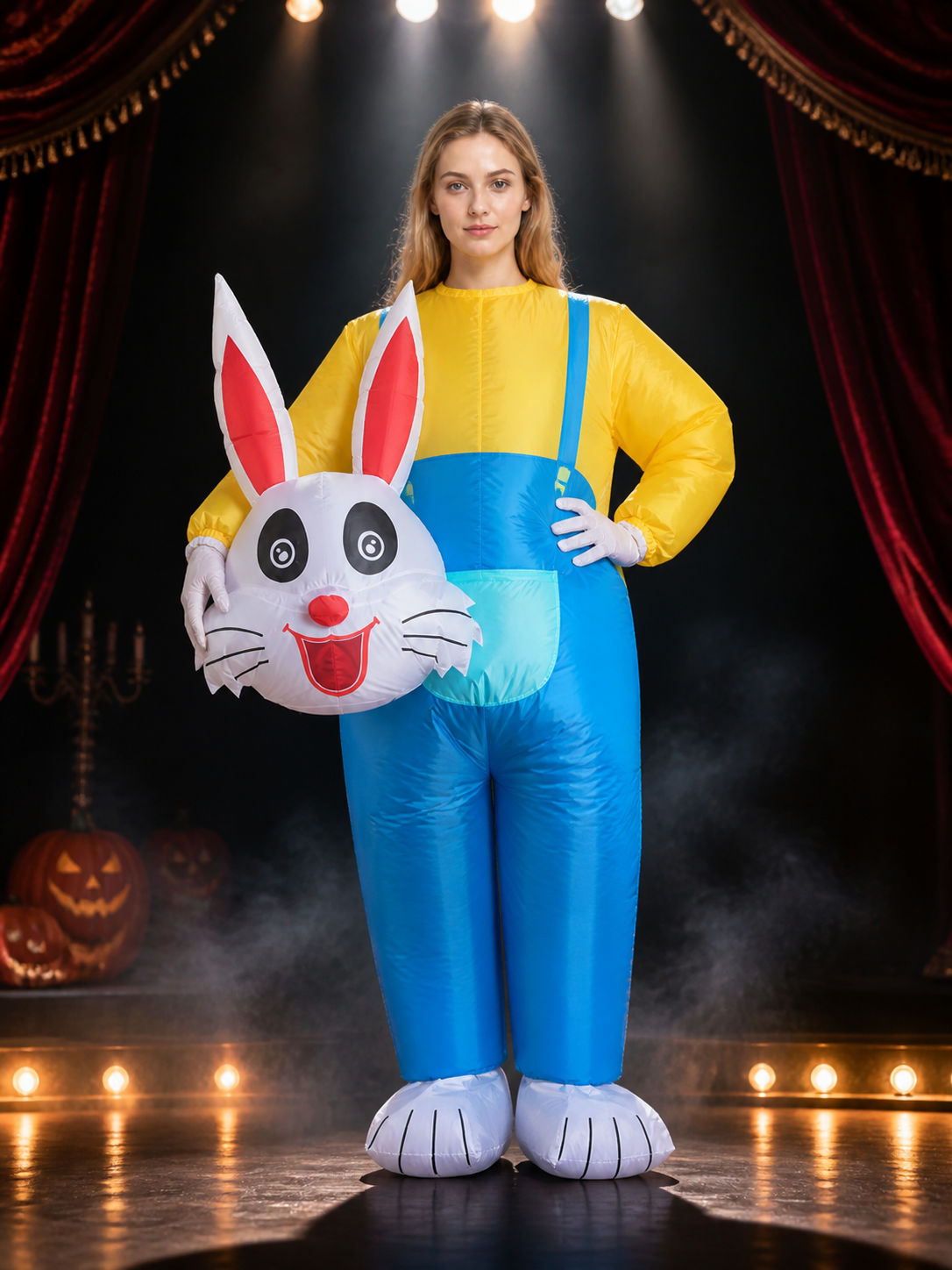 Adult Rabbit Costume, Blue-Yellow Animal Jumpsuit with Long Ears and Belly Costumes detail 3