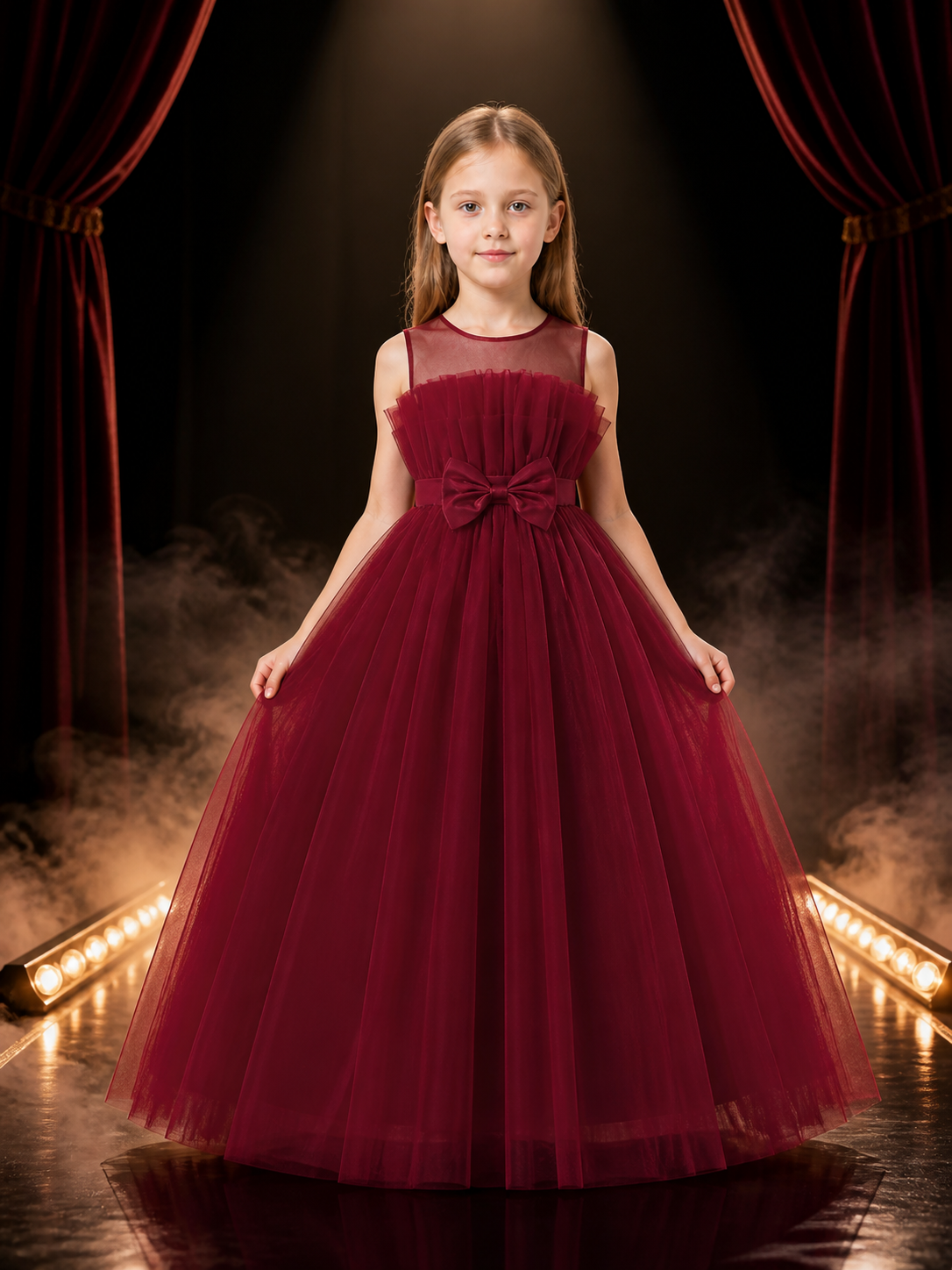 Girls' Maroon Long Flower Girl Princess Dress, Layered Tulle Skirt and Bow Costume Dresses detail 3