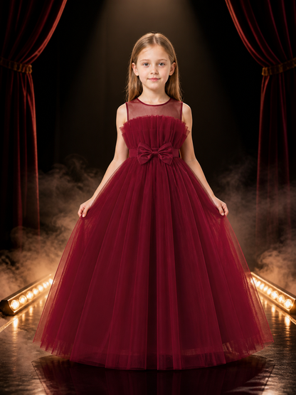 Girls' Maroon Long Flower Girl Princess Dress, Layered Tulle Skirt and Bow Costume Dresses detail 3