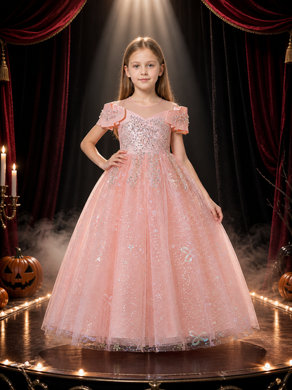 Girls' Pink Princess Dress, Sequined Ruffle-Sleeve Long Formal Gown Costume Dresses detail 3