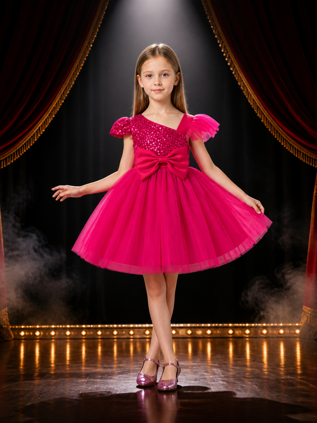 Girls' Rose Red Princess Dress, Sequined Bodice, Layered Tulle Skirt With Bow Costume Dresses detail 3