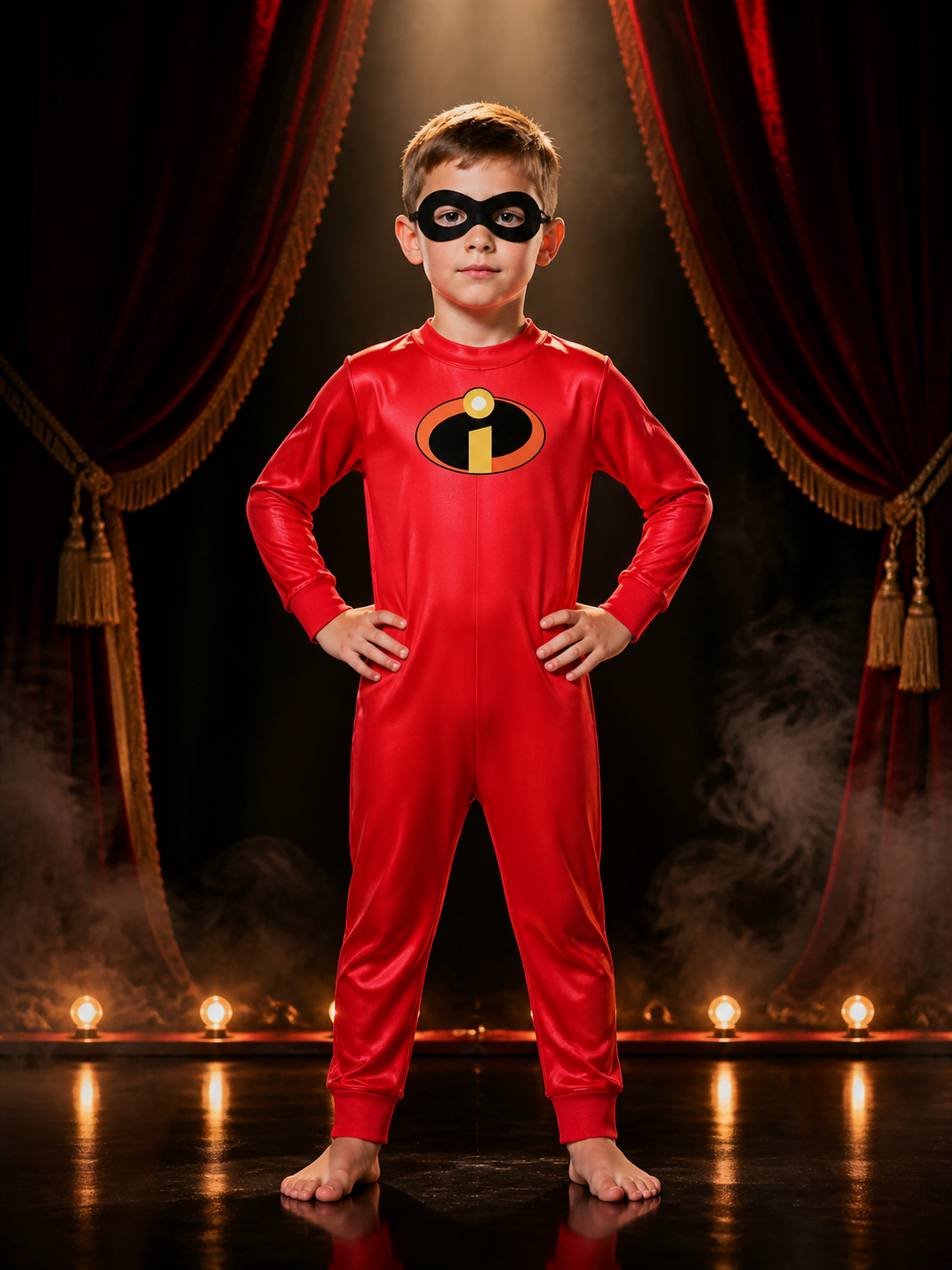 Kids Superhero Bodysuit Costume with Eye Mask, Red Long Sleeve Jumpsuit for Costume Masks detail 3