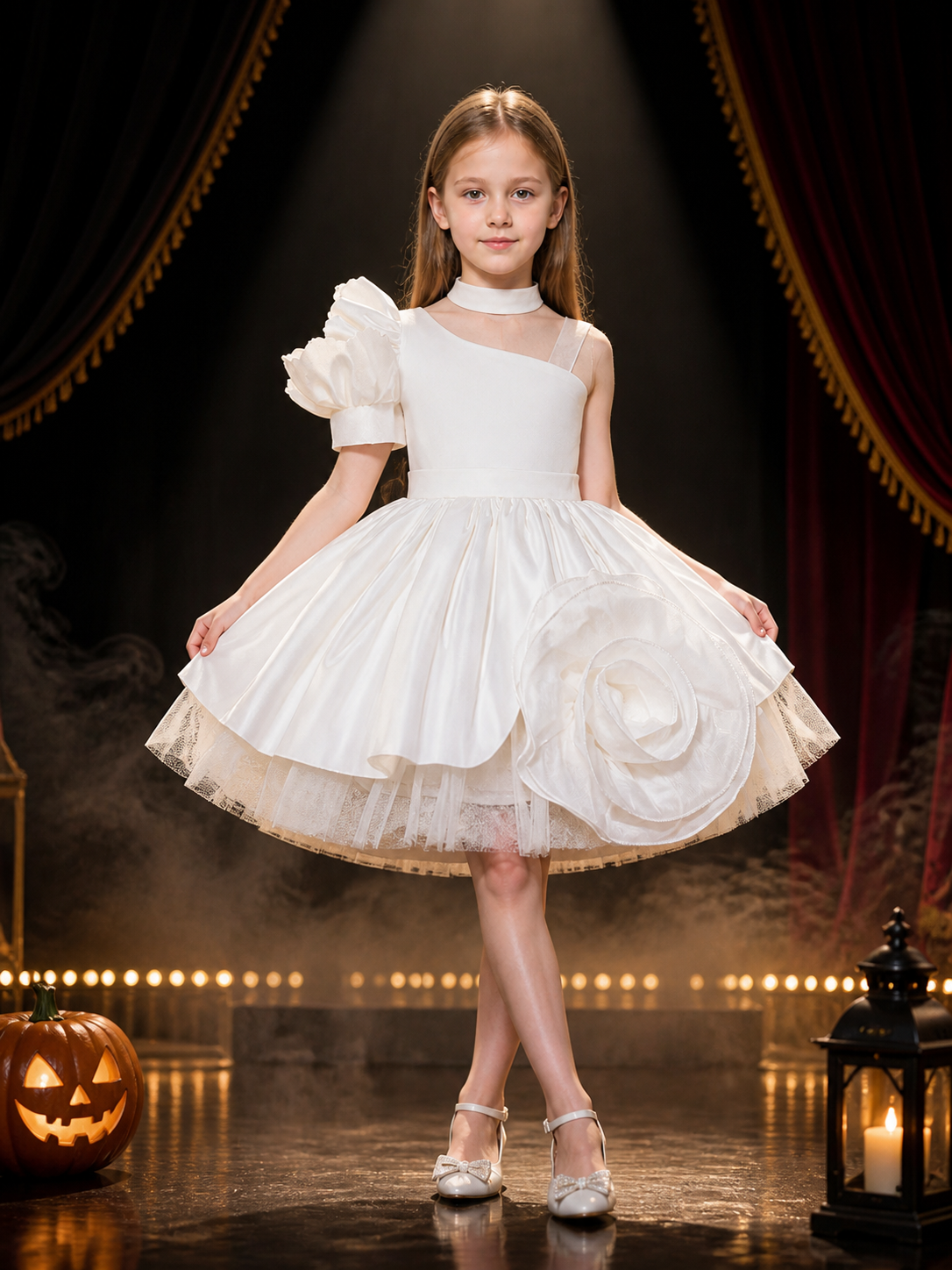 Toddler Girls' White Princess Dress, One-Shoulder Puff Sleeve And Flower Detail Costume Dresses detail 3
