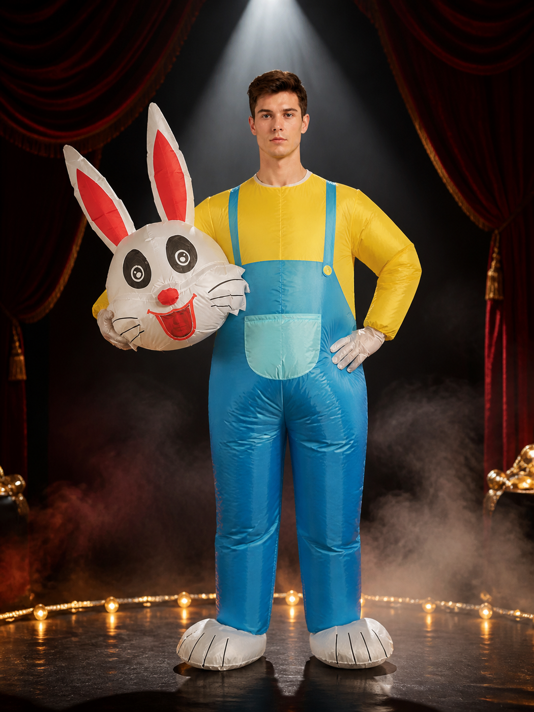 Easter Inflatable Rabbit Costume Jumpsuit with Long Ears and Blue Pocket Costumes detail 2