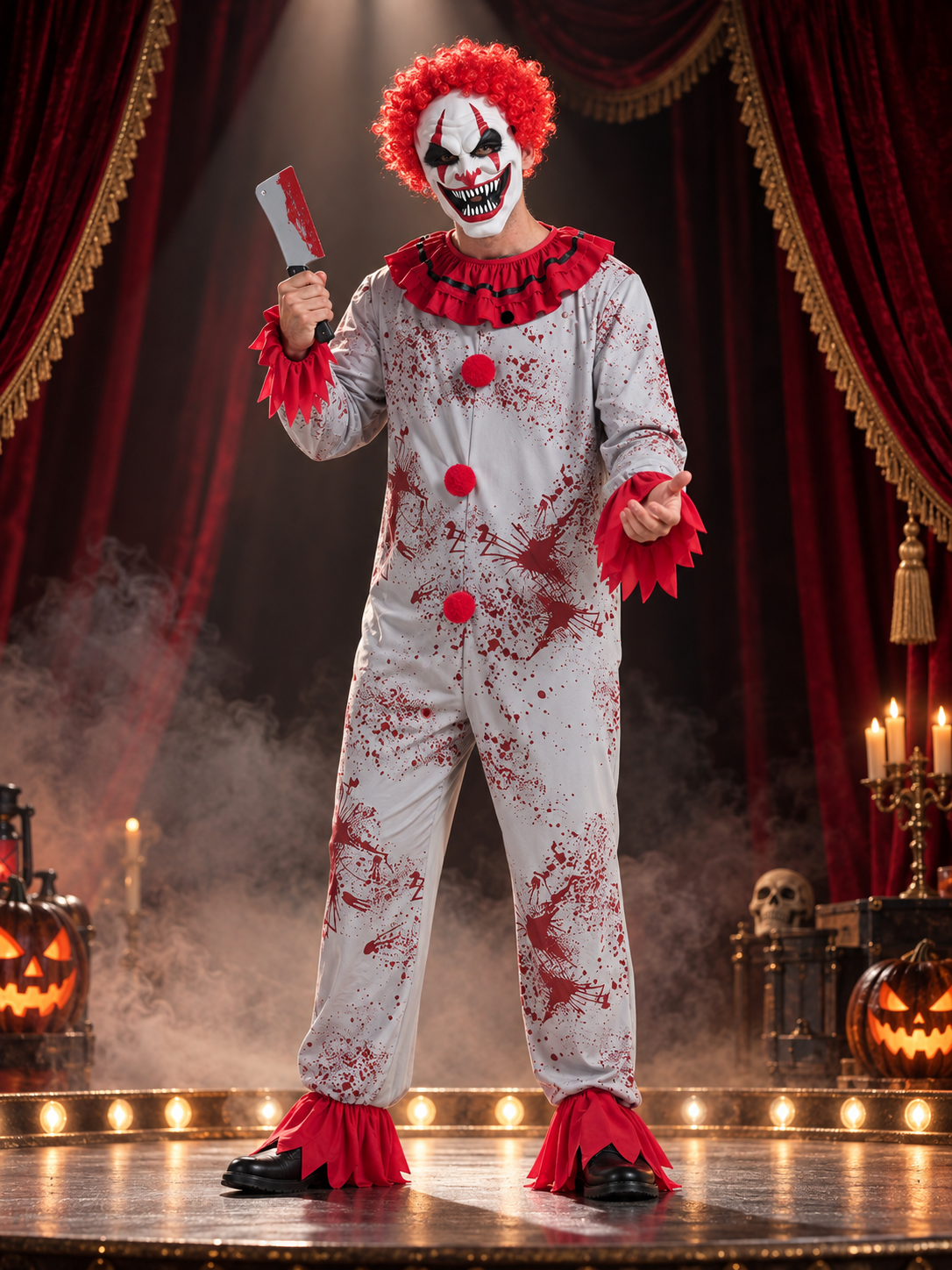 Scary Clown Costume with Mask and Blood Effect