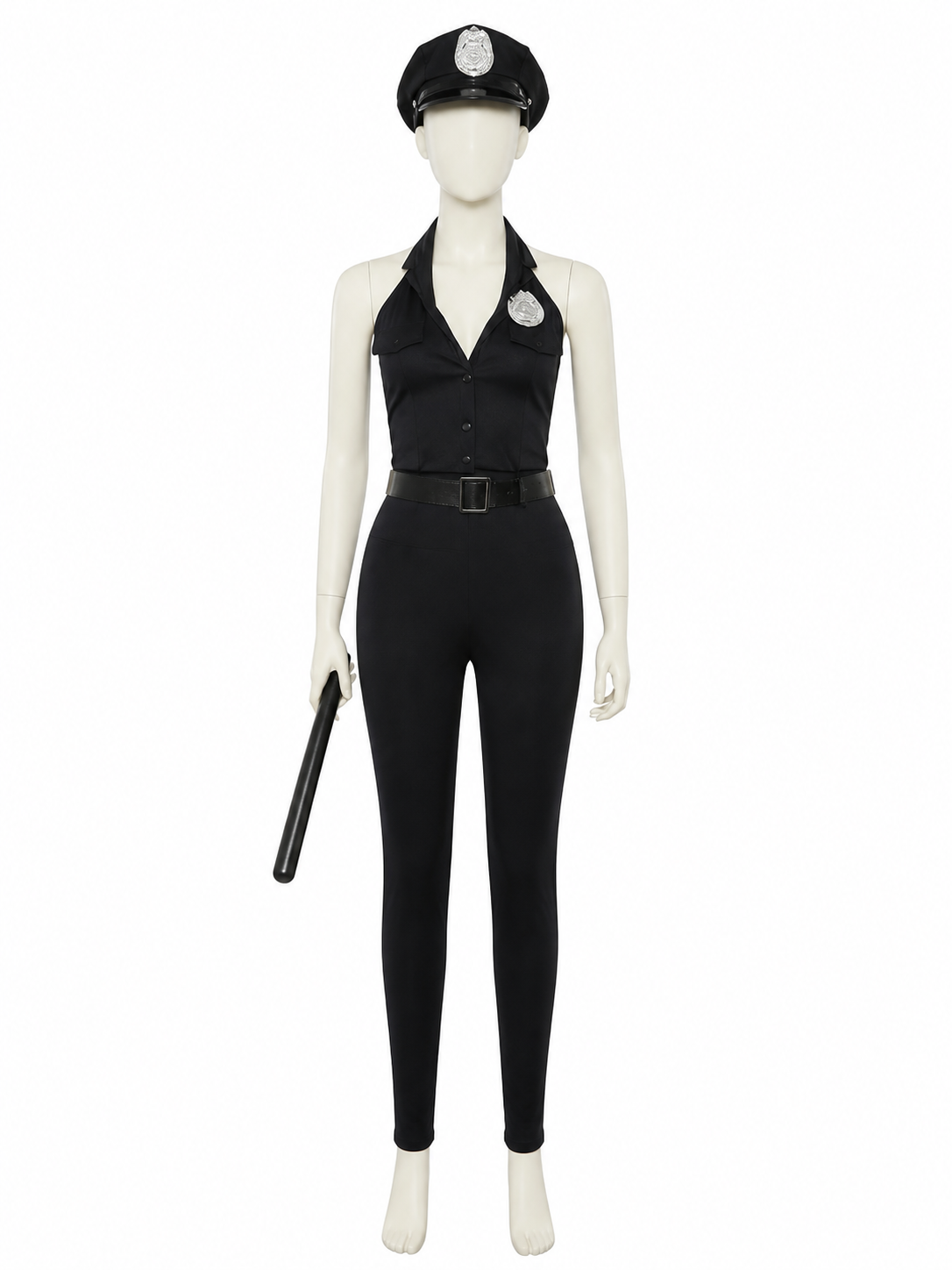 Women's Adult Police Officer Cosplay Costume Set, Black Jumpsuit With Hat, Belt Costume Headwear detail 3