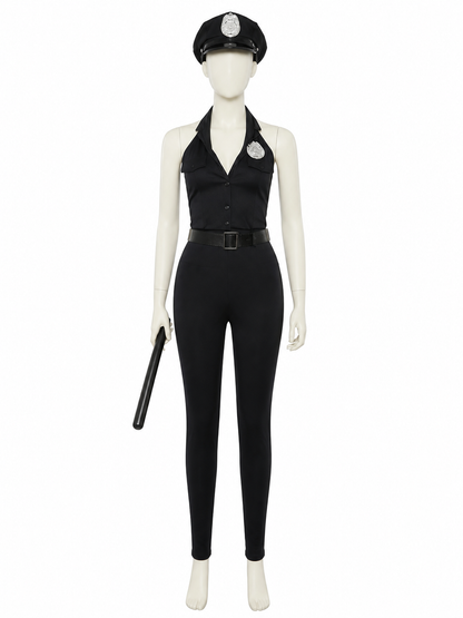Women's Adult Police Officer Cosplay Costume Set, Black Jumpsuit With Hat, Belt Costume Headwear detail 3