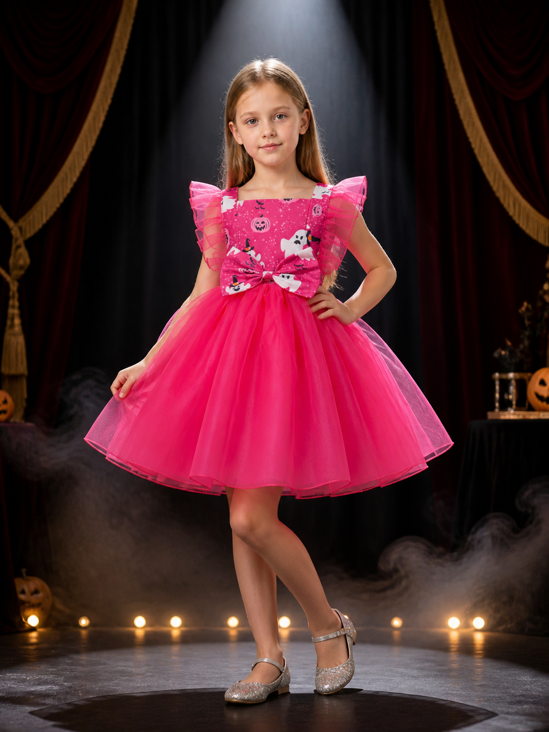Girls' Halloween Character Dress with Pumpkin, Ghost and Skeleton Prints Costume Dresses detail 3