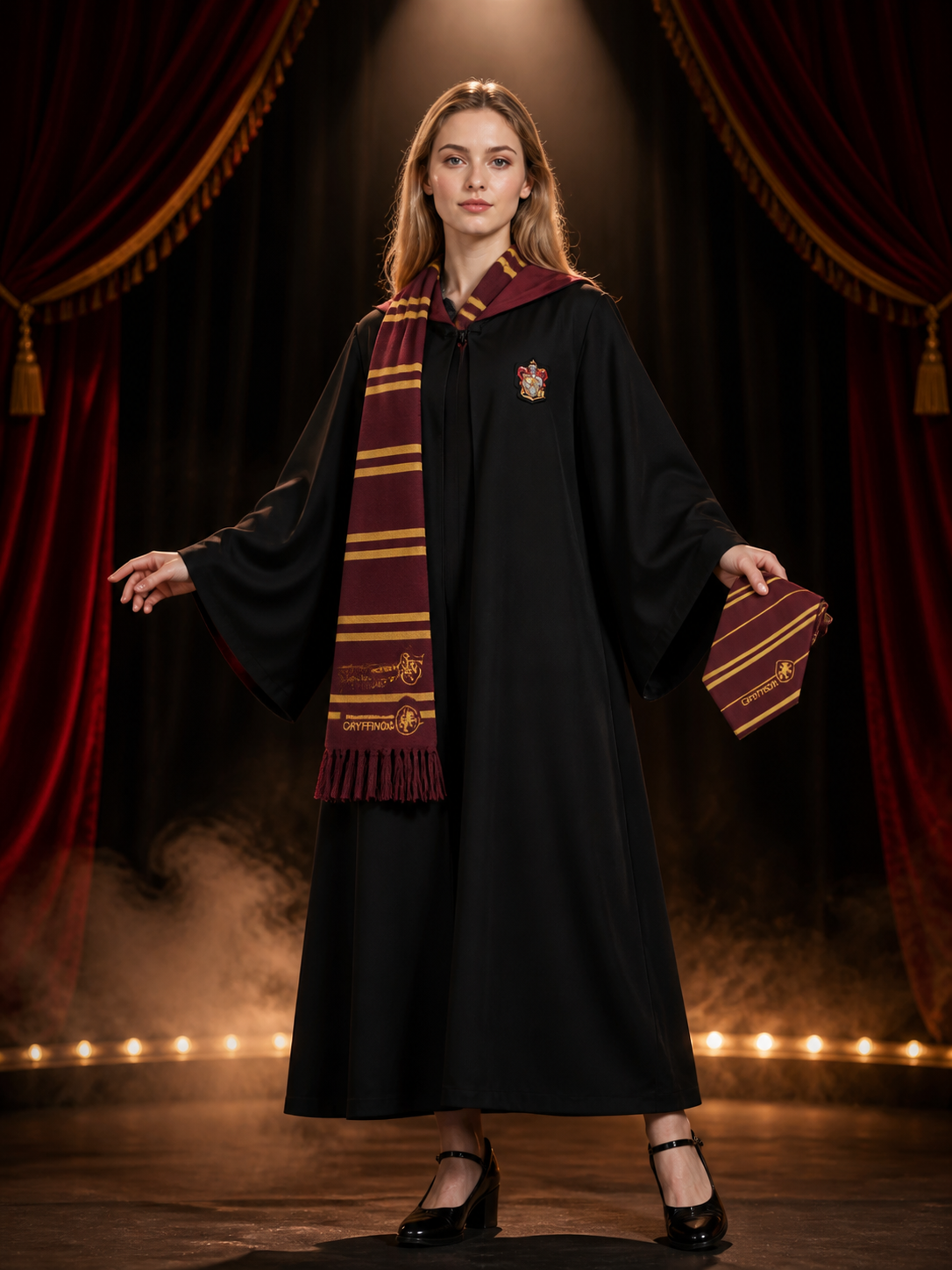 Kids Gryffindor Wizard Costume Set, Hooded Robe With Scarf, Red And Gold Trim Costumes detail 3