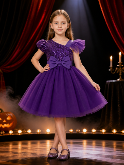 Toddler Girls' Purple Sequined Princess Dress, One-Shoulder Tulle Gown With Bow Costume Dresses detail 3