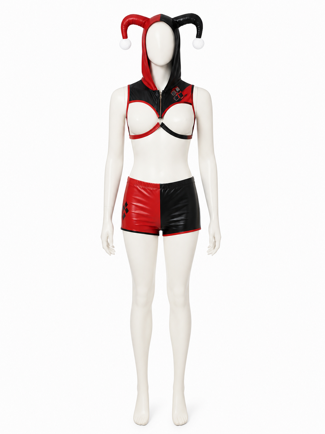 Men's Jester Circus Costume Set, Red Black Hooded Crop Top & Shorts with Gloves on-model stage scene view