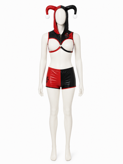 Men's Jester Circus Costume Set, Red Black Hooded Crop Top & Shorts with Gloves on-model stage scene view