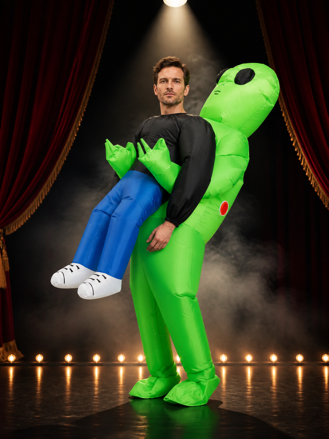 Green Inflatable Alien Costume for Halloween with Black Eyes and Red Markings Costumes detail 3