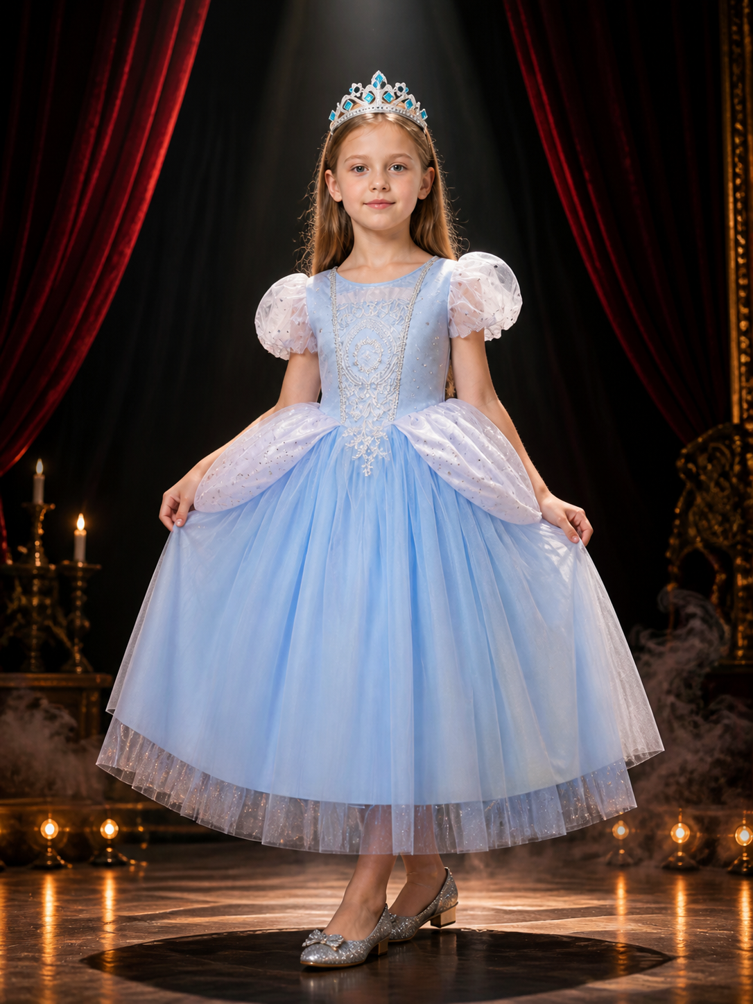 Girls Cinderella Princess Dress Costume with Crown, Puffy Sleeves and Tutu Skirt Costume Dresses detail 3