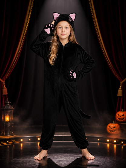 Girls Black Cat Hooded Jumpsuit Costume With Pink Paw Pads For Halloween Costumes detail 3