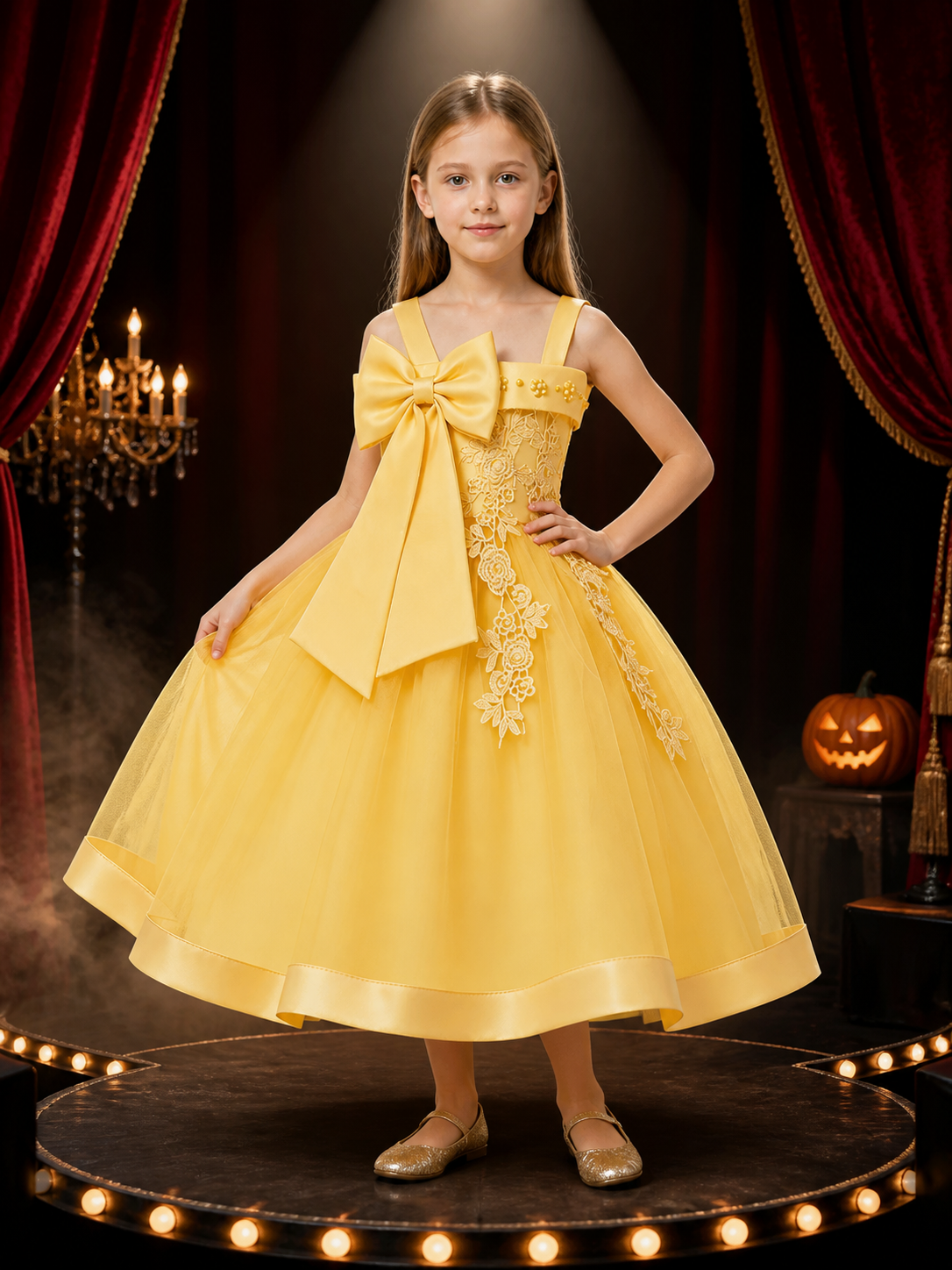 Girls' Princess Flower Girl Dress With Beaded Flowers, Lace Applique And Layered Costume Dresses detail 3