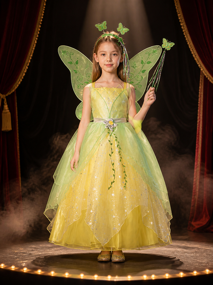 Girls Tinker Bell Fairy Princess Costume Dress with Butterfly Wings and Magic Costume Dresses detail 3