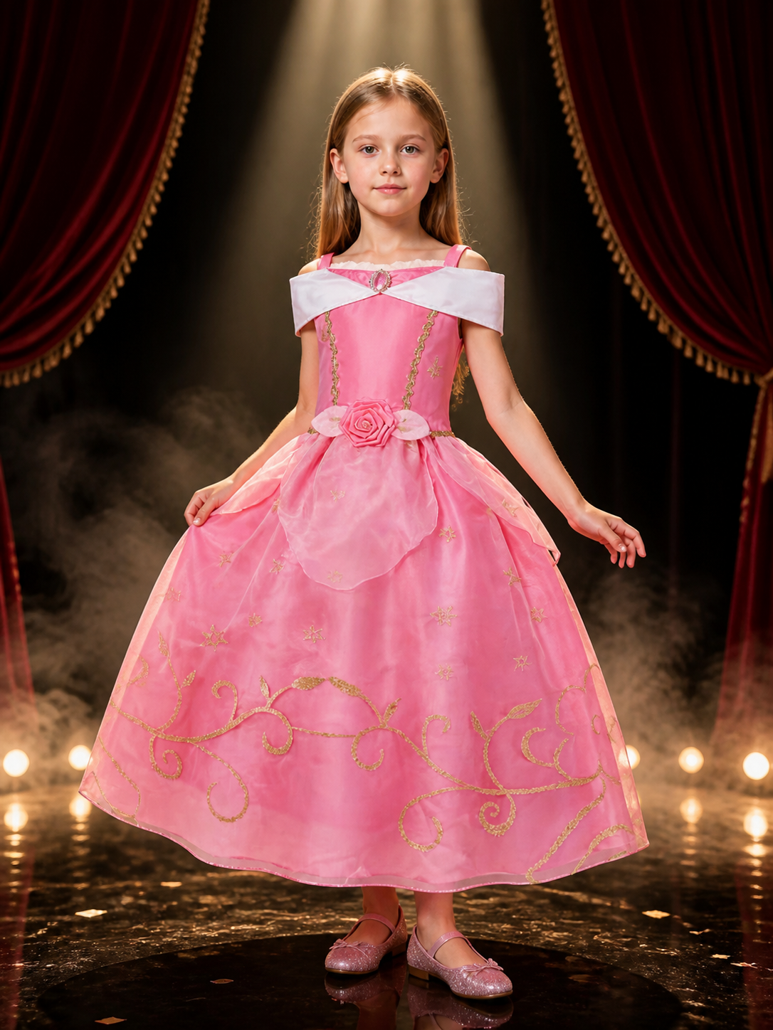 Girls' Princess Dress Costume, White Collar & Gold Trim, Pink Tutu Dress for Costume Dresses detail 3