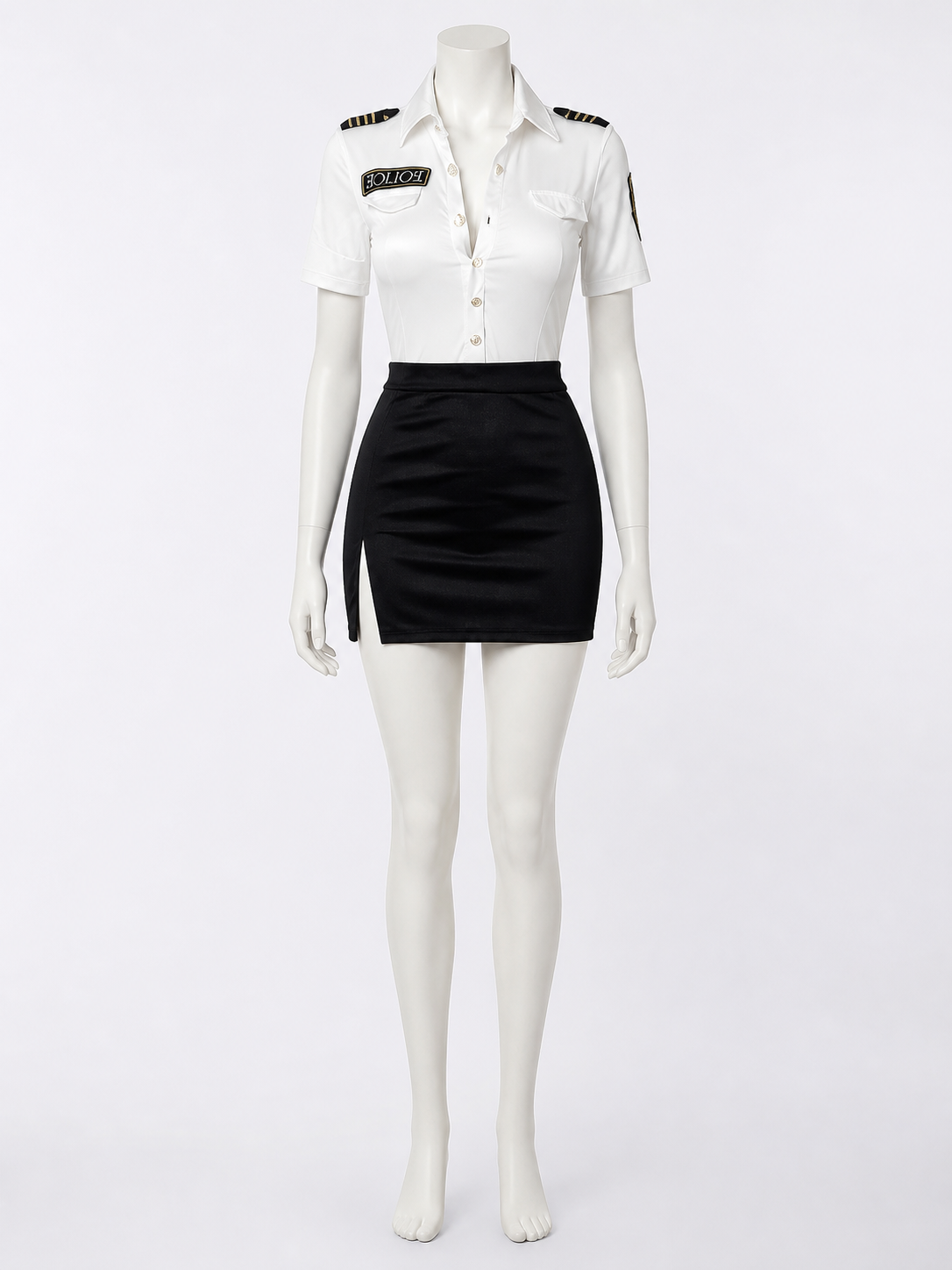 Women's Police Officer Costume Set, White Shirt with Shoulder Patches and Black Costumes detail 3