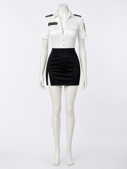 Women's Police Officer Costume Set, White Shirt with Shoulder Patches and Black Costumes detail 3
