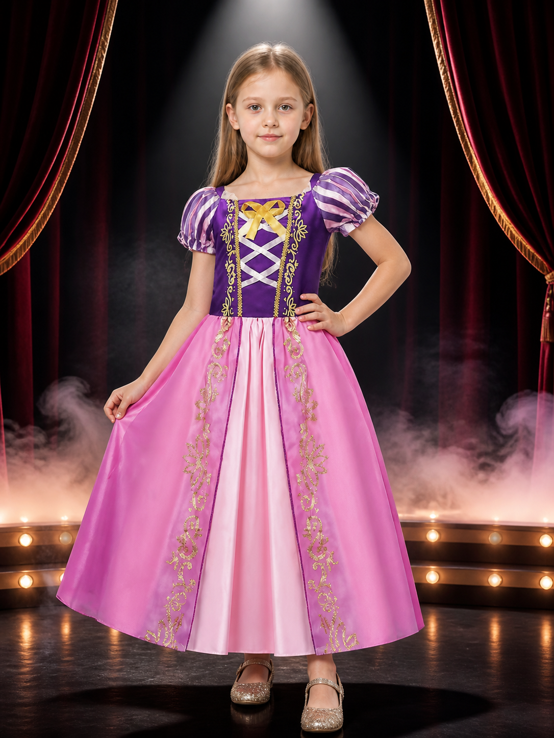 Girls Princess Costume Dress, Purple Pink Puffy Sleeve Halloween Outfit Costume Dresses detail 3