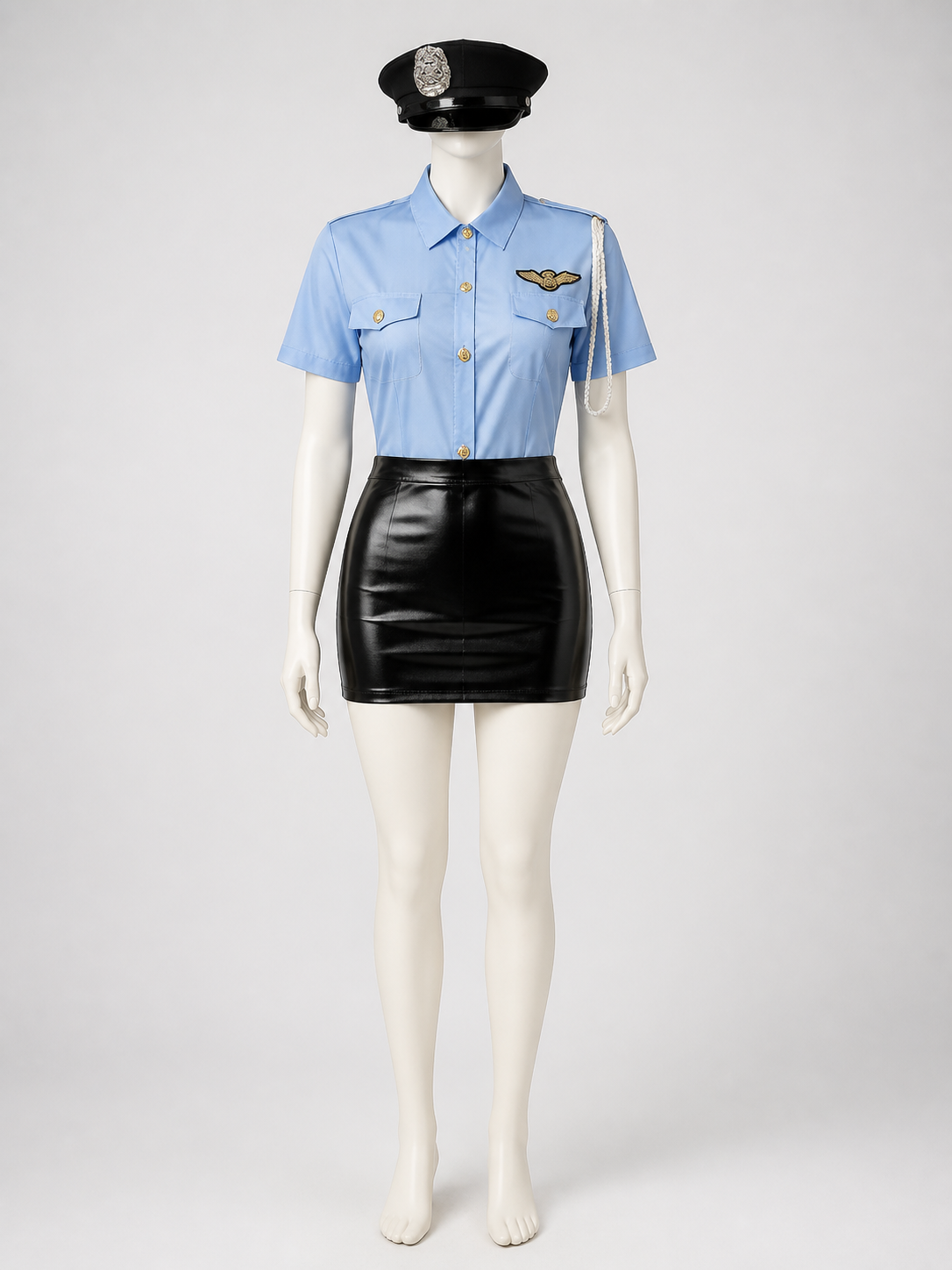 Women's Sexy Police Officer Halloween Costume Set, Light Blue Top & Black Costumes detail 3