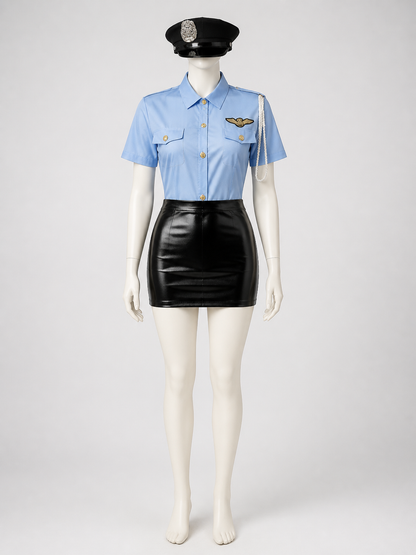 Women's Sexy Police Officer Halloween Costume Set, Light Blue Top & Black Costumes detail 3
