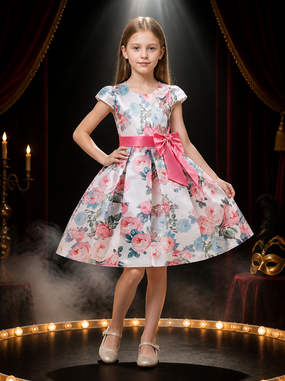 Girls' Floral Print Princess Dress With Bow, Short Sleeve Formal Outfit