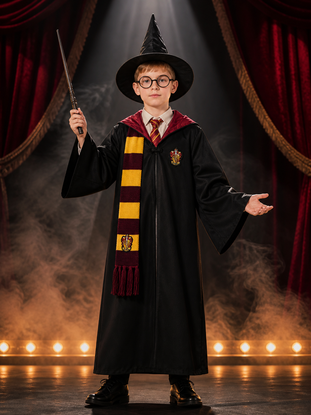 Wizard Robe Costume Set With Hooded Cloak, Hat, Glasses, Tie, Scarf And Wand Costume Capes detail 3